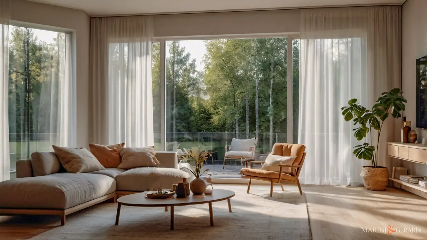 Tende sala da pranzo in lino ampie vetrate