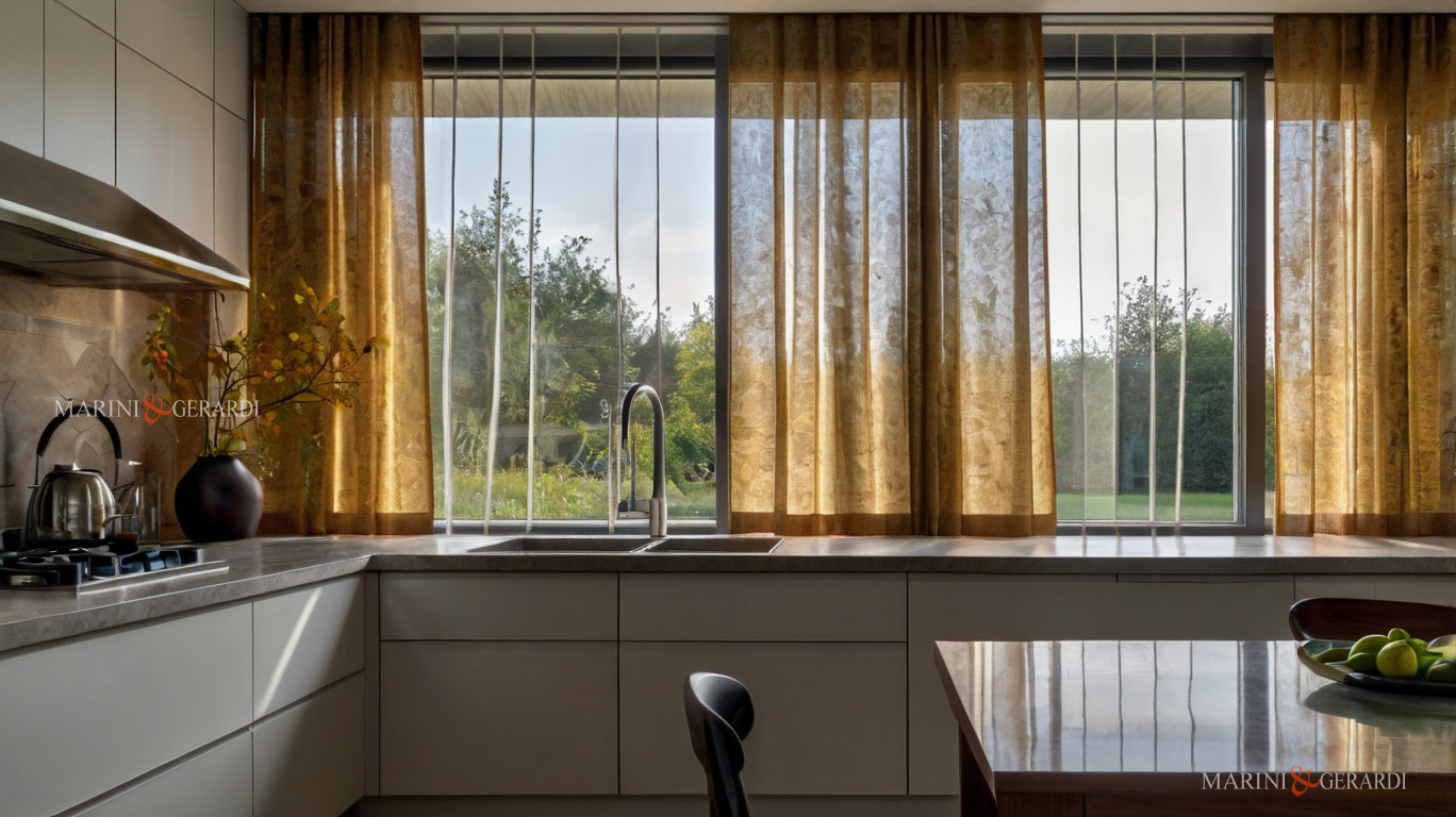 Tende a vetro per cucina moderna in lino gialle