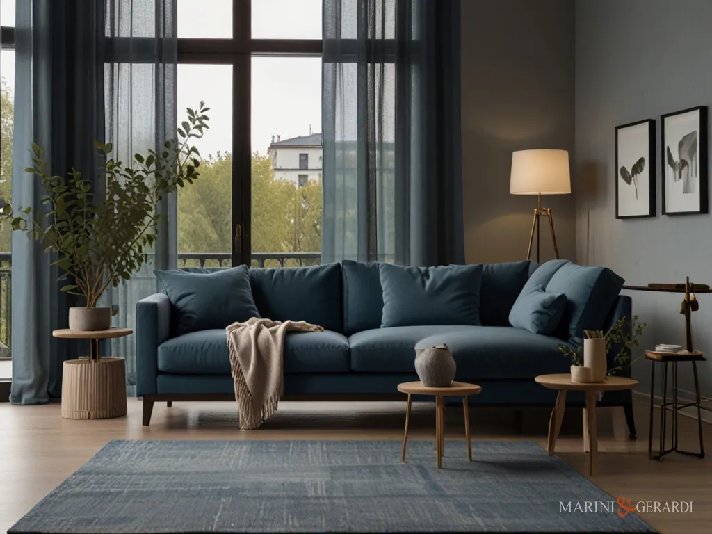 Eleganti tende arredo moderne soggiorno in lino blu