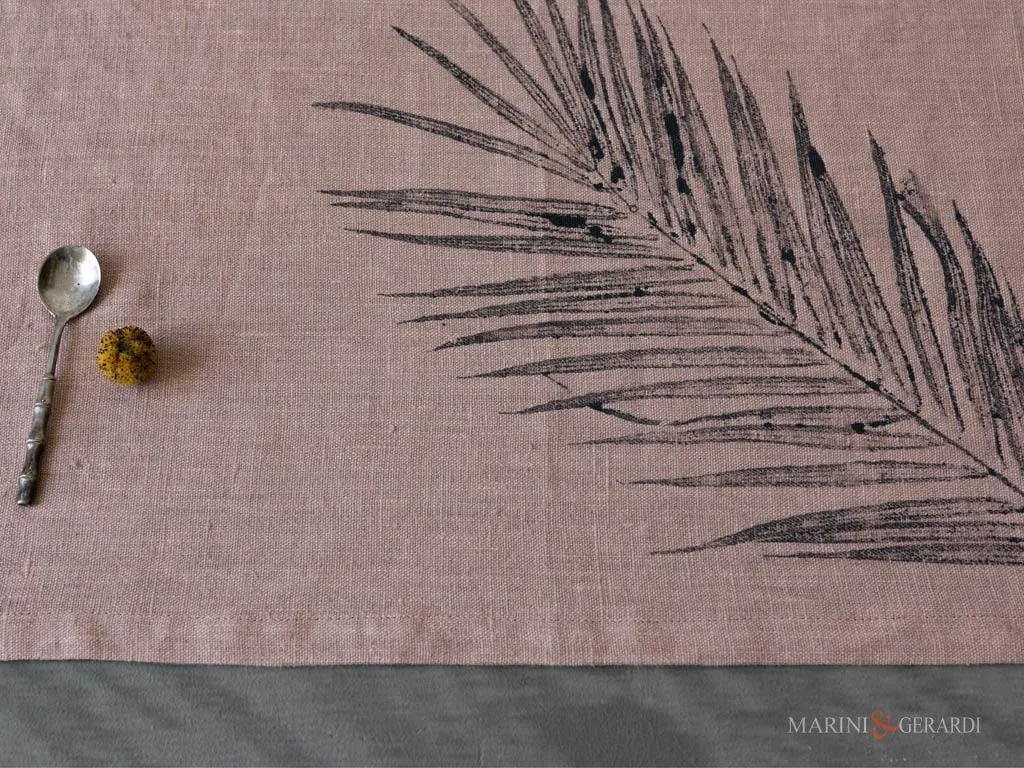 Tovagliette cucina shabby in lino rosa salmone design palma nera