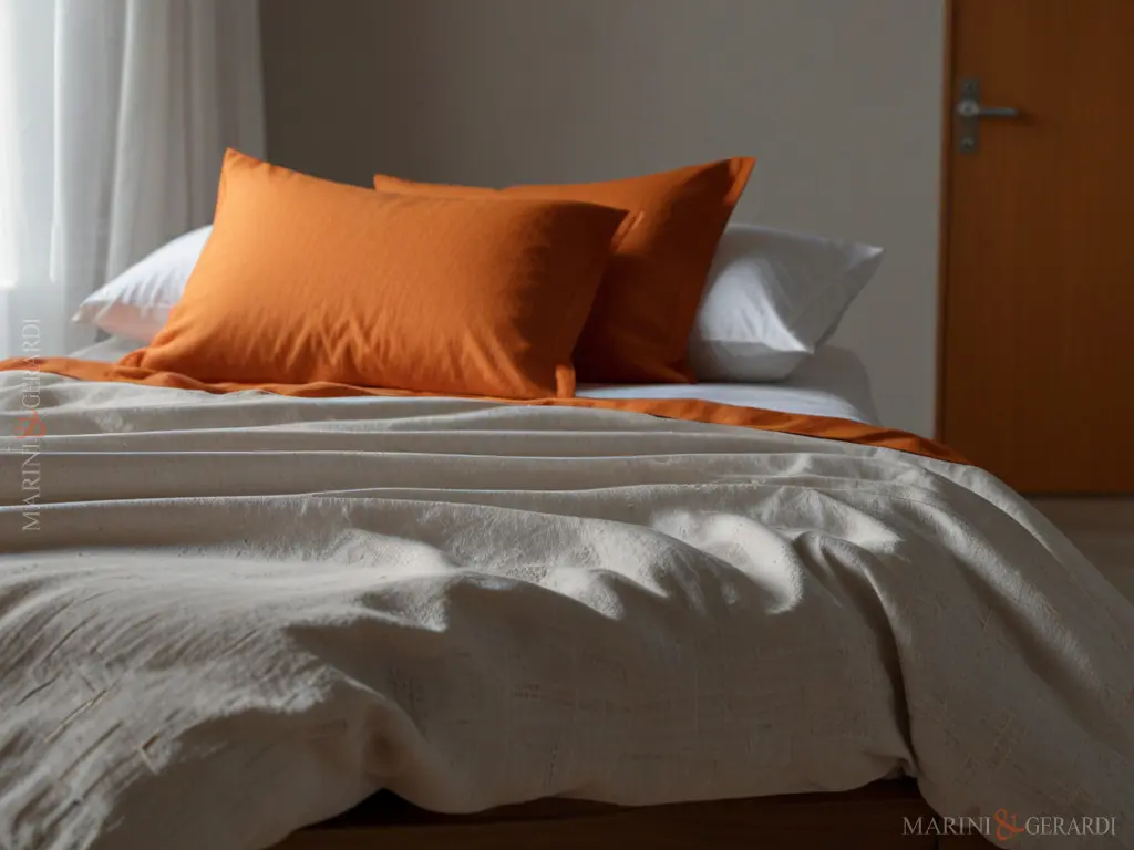 Copripiumino matrimoniale in lino lavato letto bianco arancio