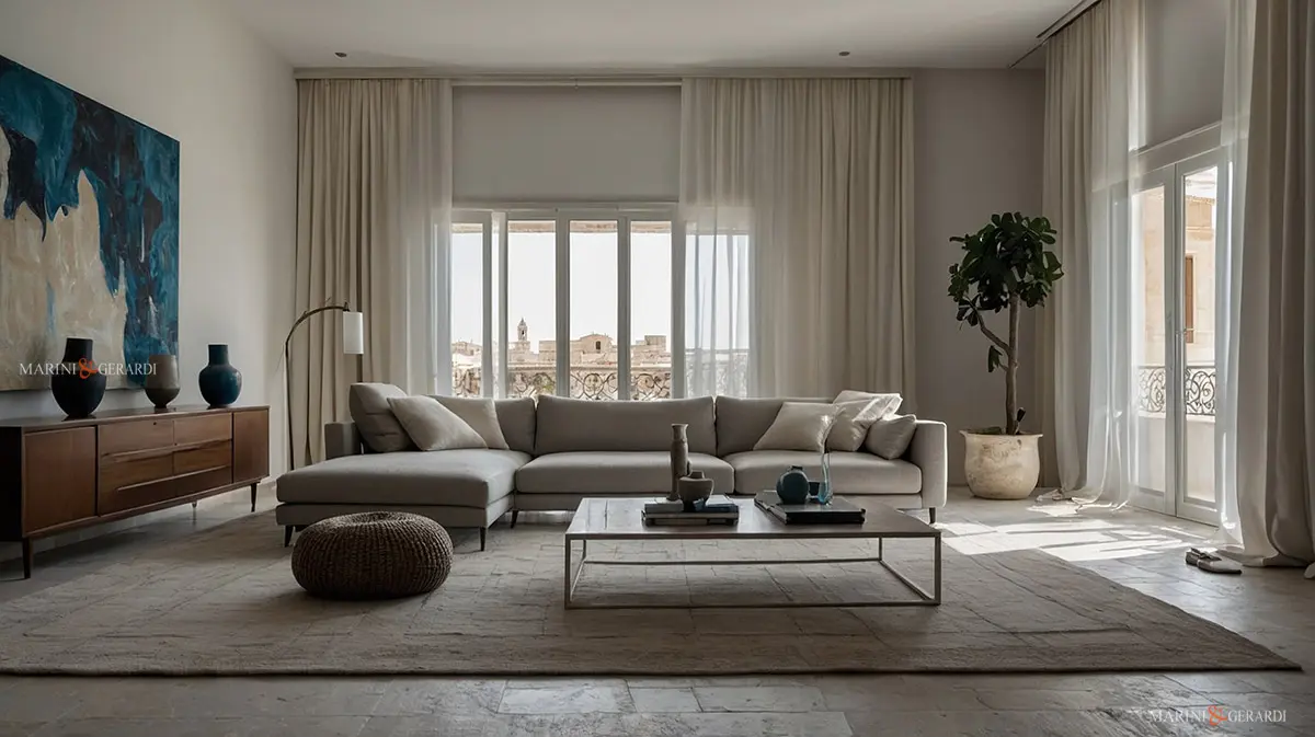 Delicate tende interne moderne soggiorno in lino