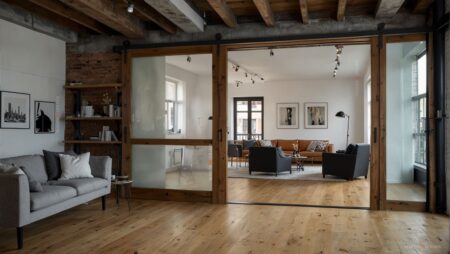 Porte scorrevoli interne in legno massello loft soggiorno