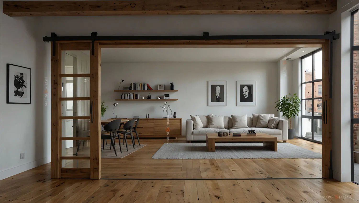 Porte scorrevoli interne in legno salone con elementi arredo