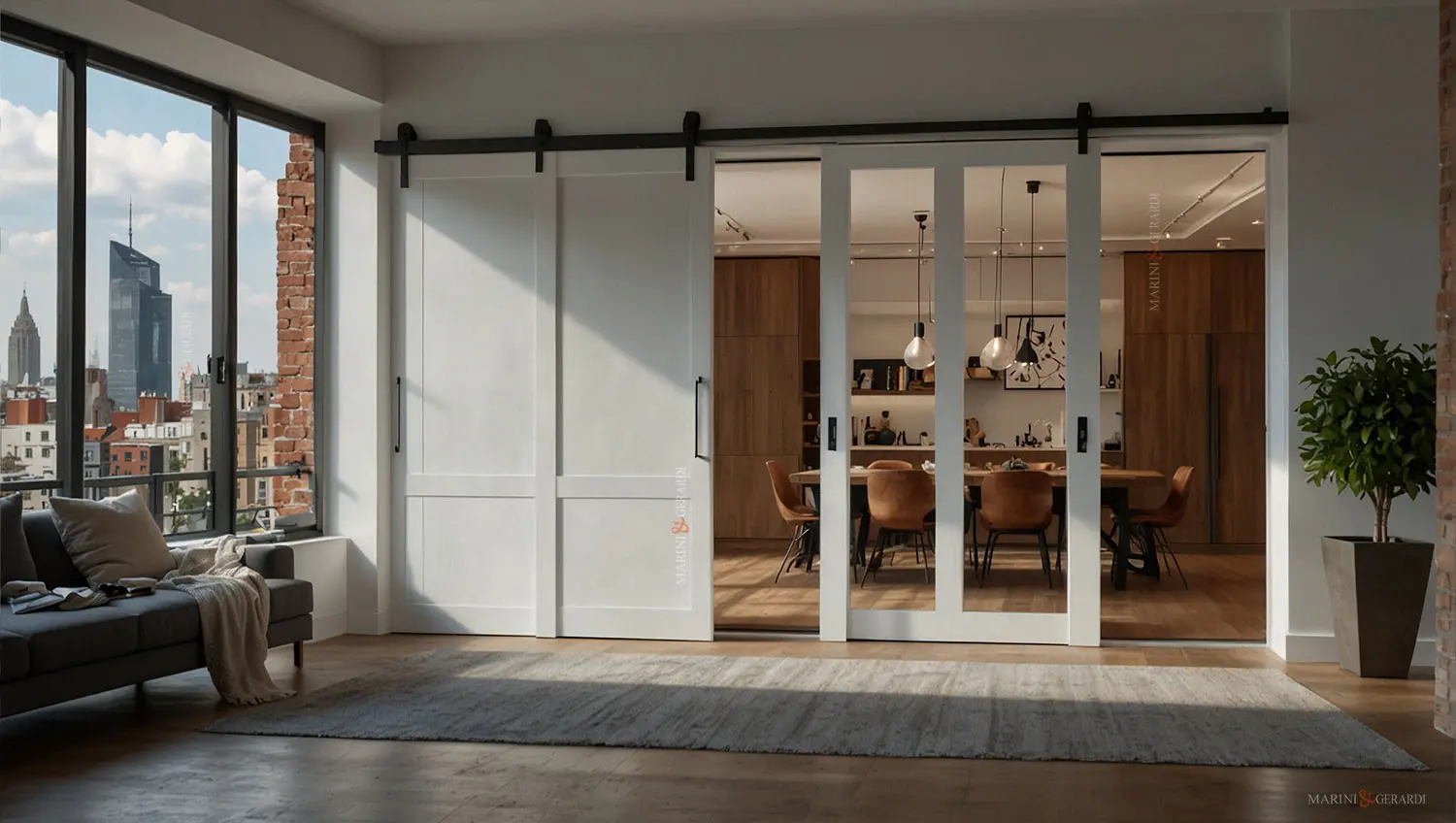 Porte scorrevoli interne in legno bianco loft soggiorno