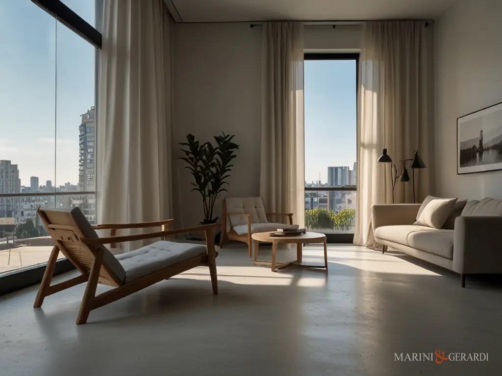 Sala salotto tende moderne lino ampie finestre vista città