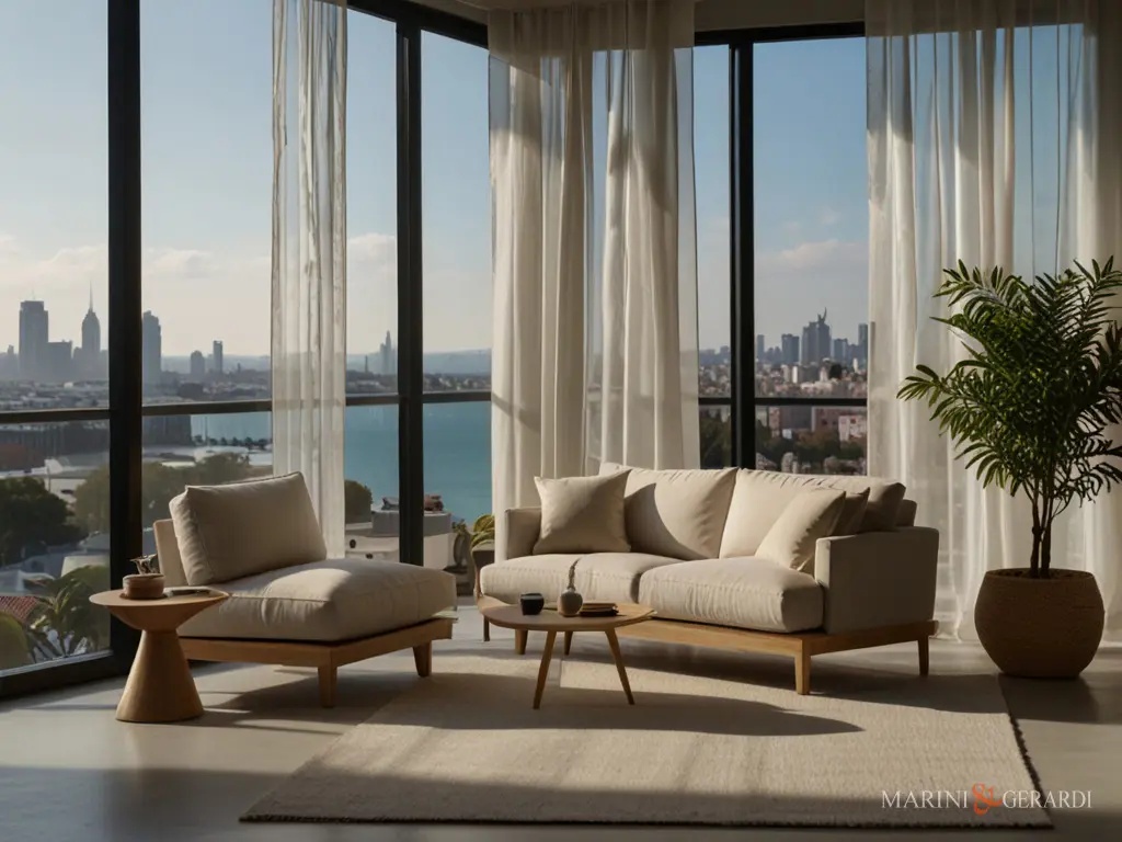 Sala salotto tende moderne lino porte finestre vista città