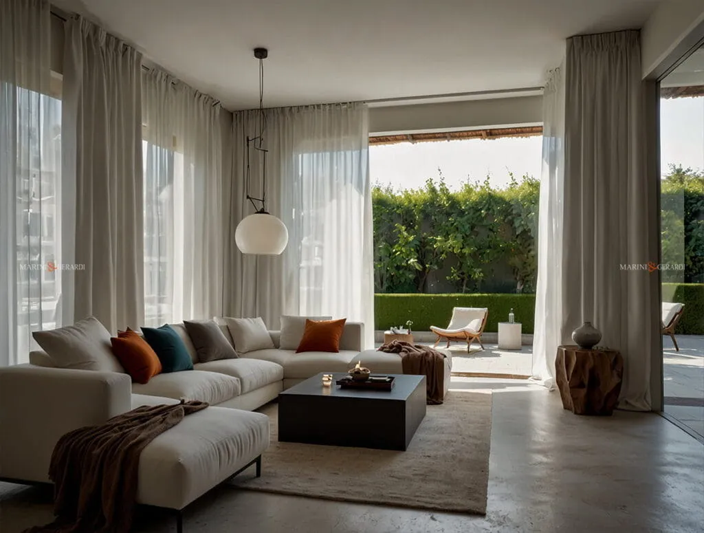 Tenda semitrasparente in lino soggiorno divano bianco