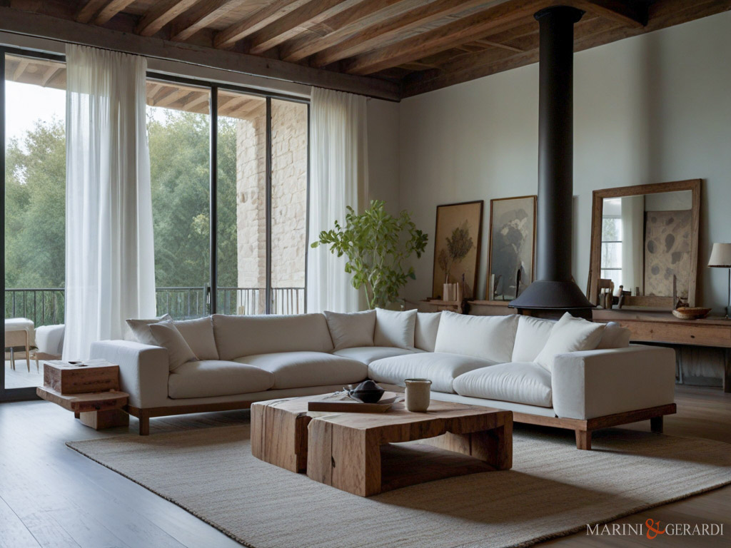 Tende arredamento moderno in lino loft soggiorno con ampie vetrate