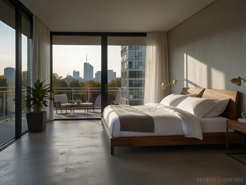 Tende camera letto moderna in lino vista città