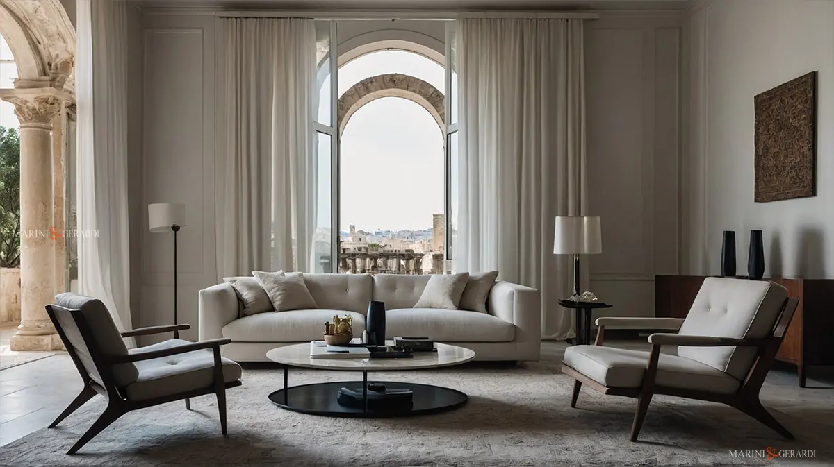 Tende interne moderne soggiorno in lino bianco