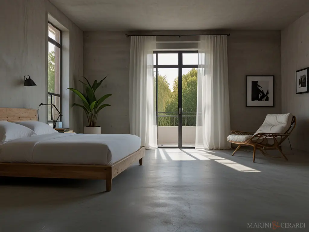 Tende moderne camera da letto pavimento in cemento