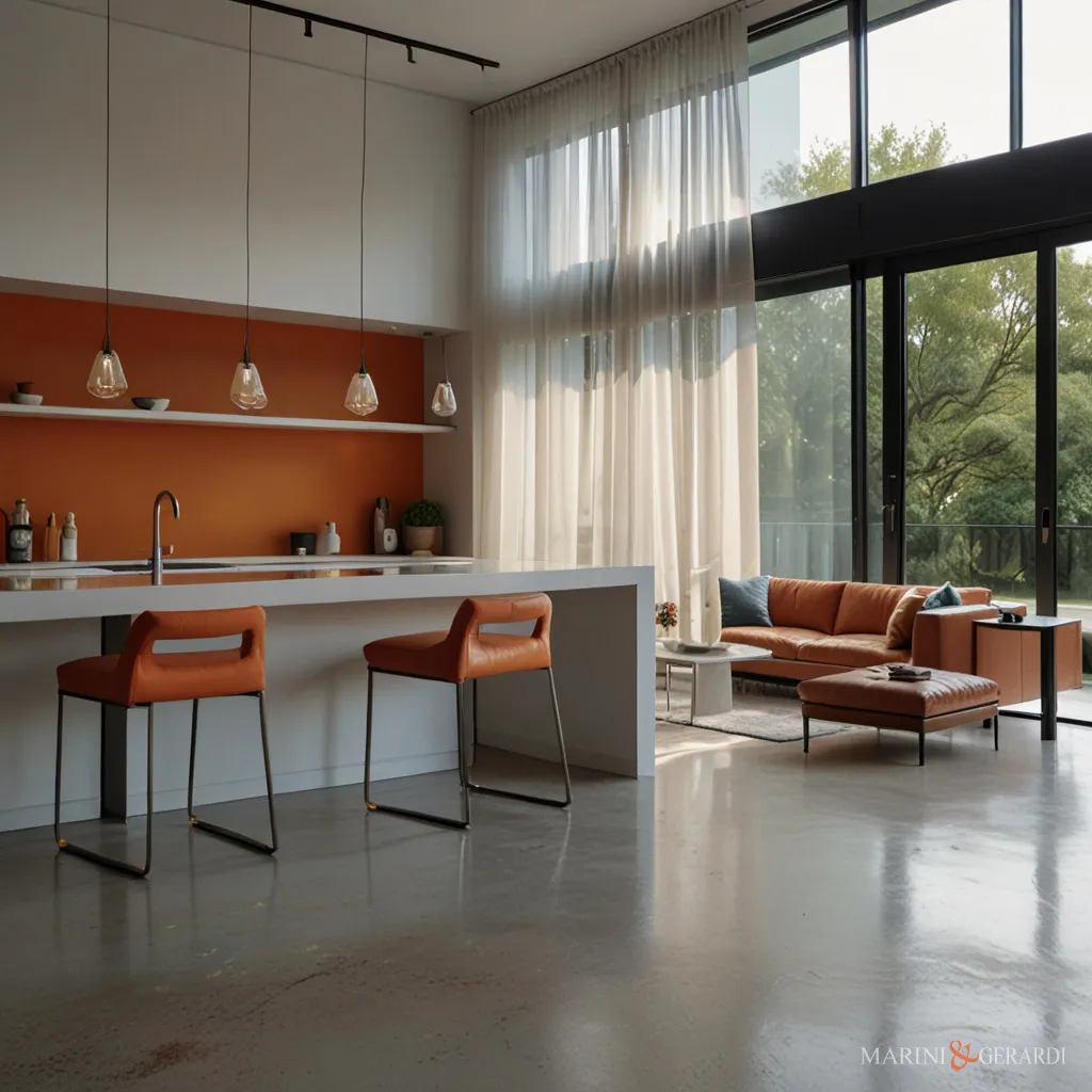 Tende porta finestra cucina moderna in lino sedie arancio