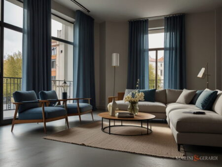 Tende soggiorno eleganti arredo salotto in lino blu