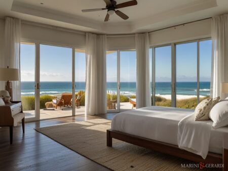 Camera da letto moderna con lenzuola cuscini tende di lino