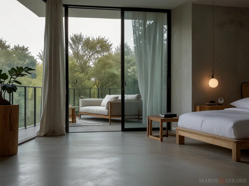 Eleganti tende moderne camera da letto pavimento in cemento