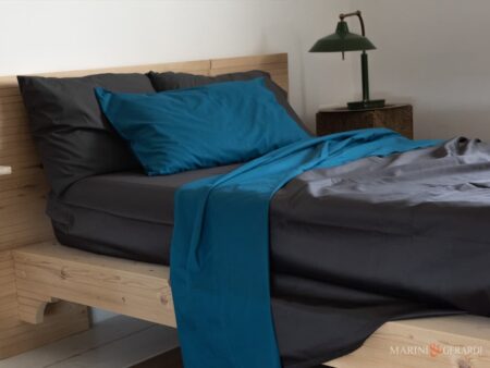 Set lenzuola matrimoniali cotone percalle blu + grigio cemento