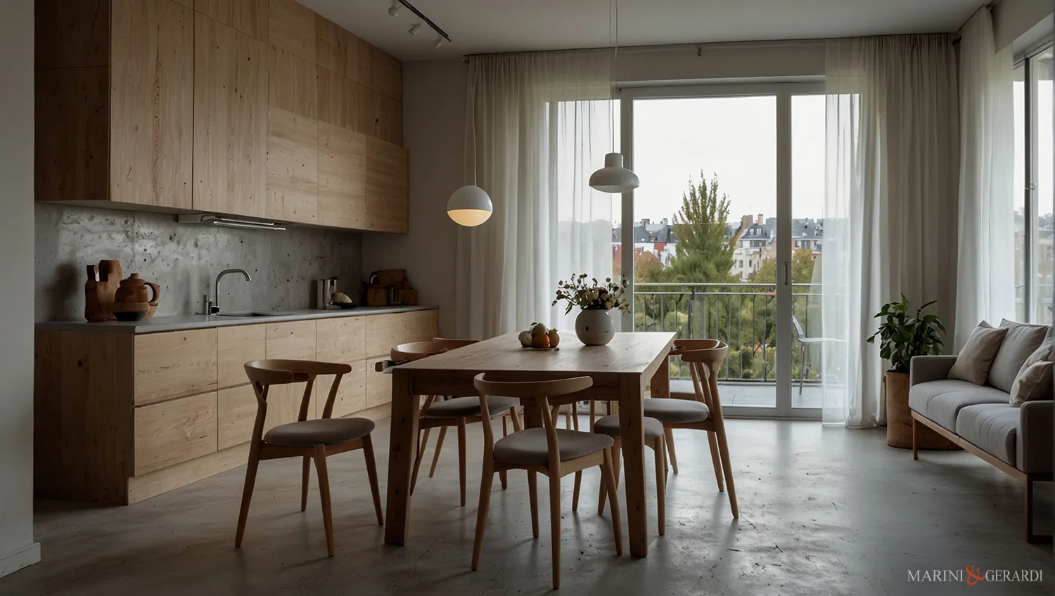 Tende per porta finestra cucina in lino tavolo legno massello