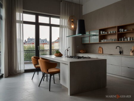 Tende porta finestra cucina moderna con isola