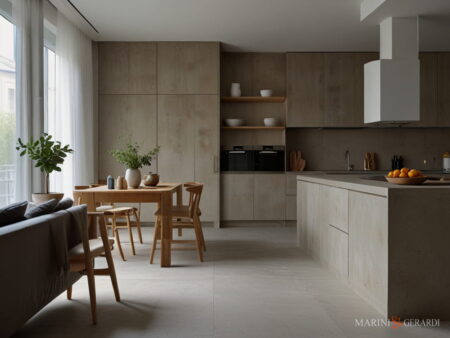 Tende porta finestra cucina moderna con tavolo soggiorno