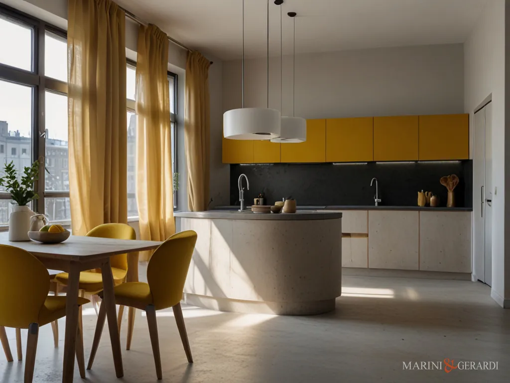 Tende porta finestra in lino giallo cucina moderna