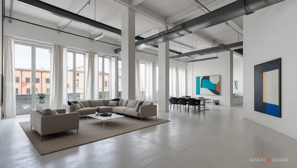 Arredare un loft soggiorno con pareti bianche
