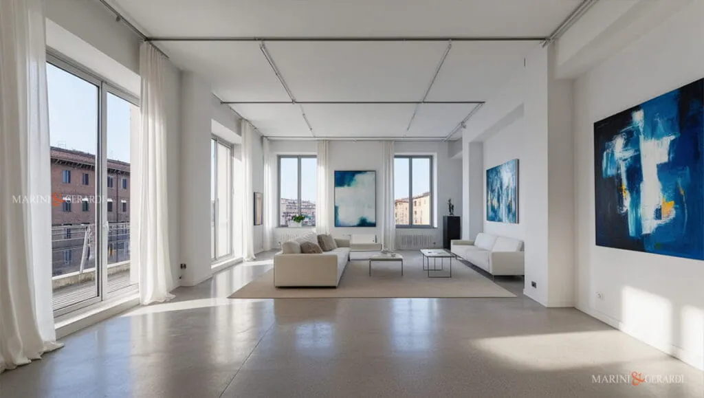 Arredare un loft soggiorno quadri pareti bianche