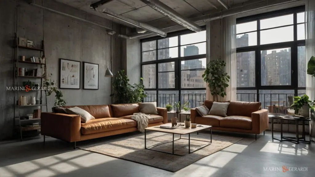 Arredare un loft stanza soggiorno con divano in pelle