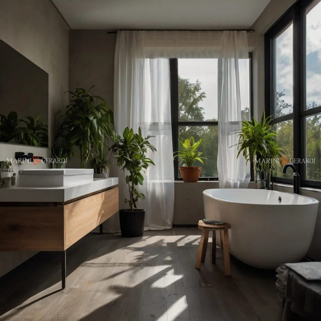 Bagno stile nordico mobili rovere lavabo vasca freestanding