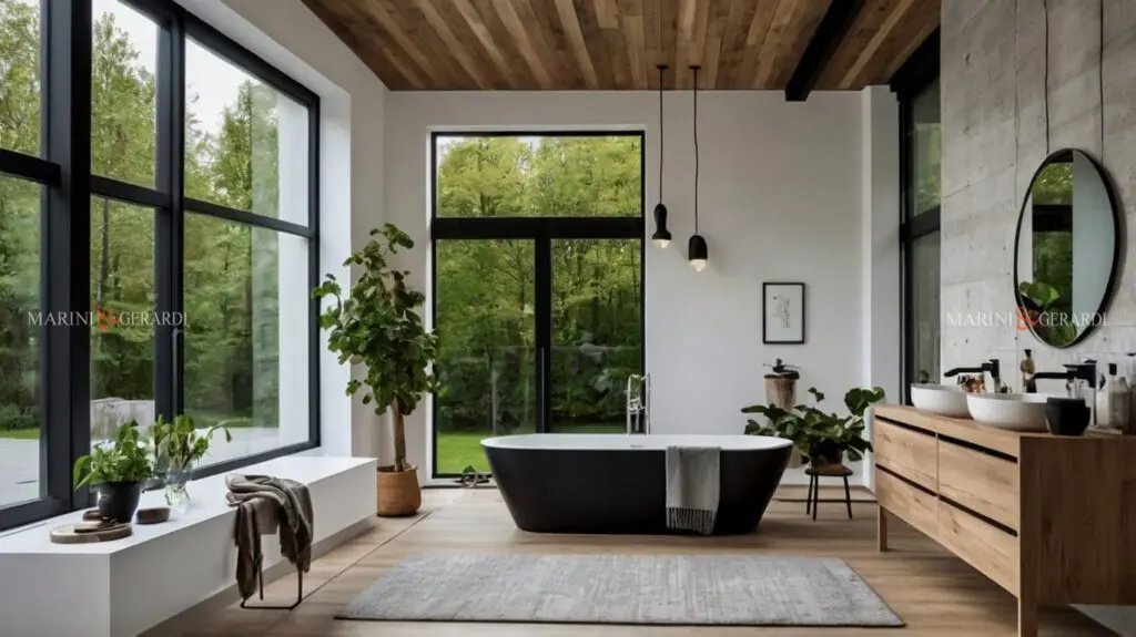 Bagno stile nordico pavimento rovere lavabo specchio tondo