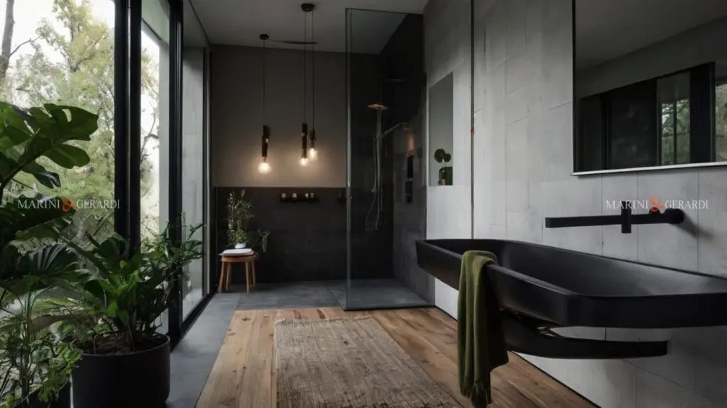 Bagno stile nordico piastrelle bianche lavabo nero doccia