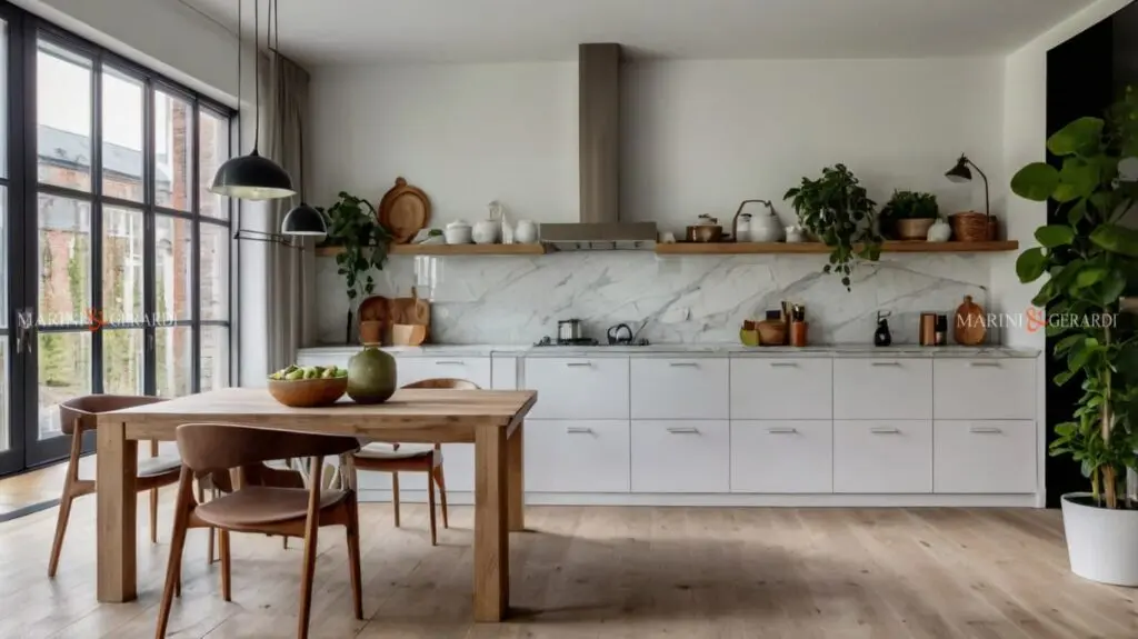 Cucina in stile nordico bianca piante verdi tavolo e pavimento in legno