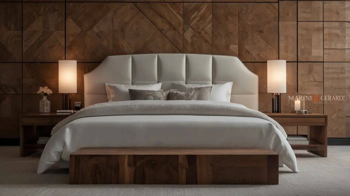 Letto moderno in legno massello testata in pelle bianca