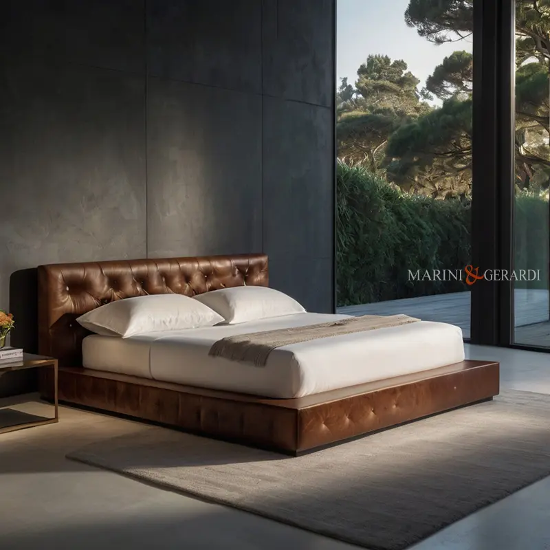 Letto moderno in legno testata in pelle capitone