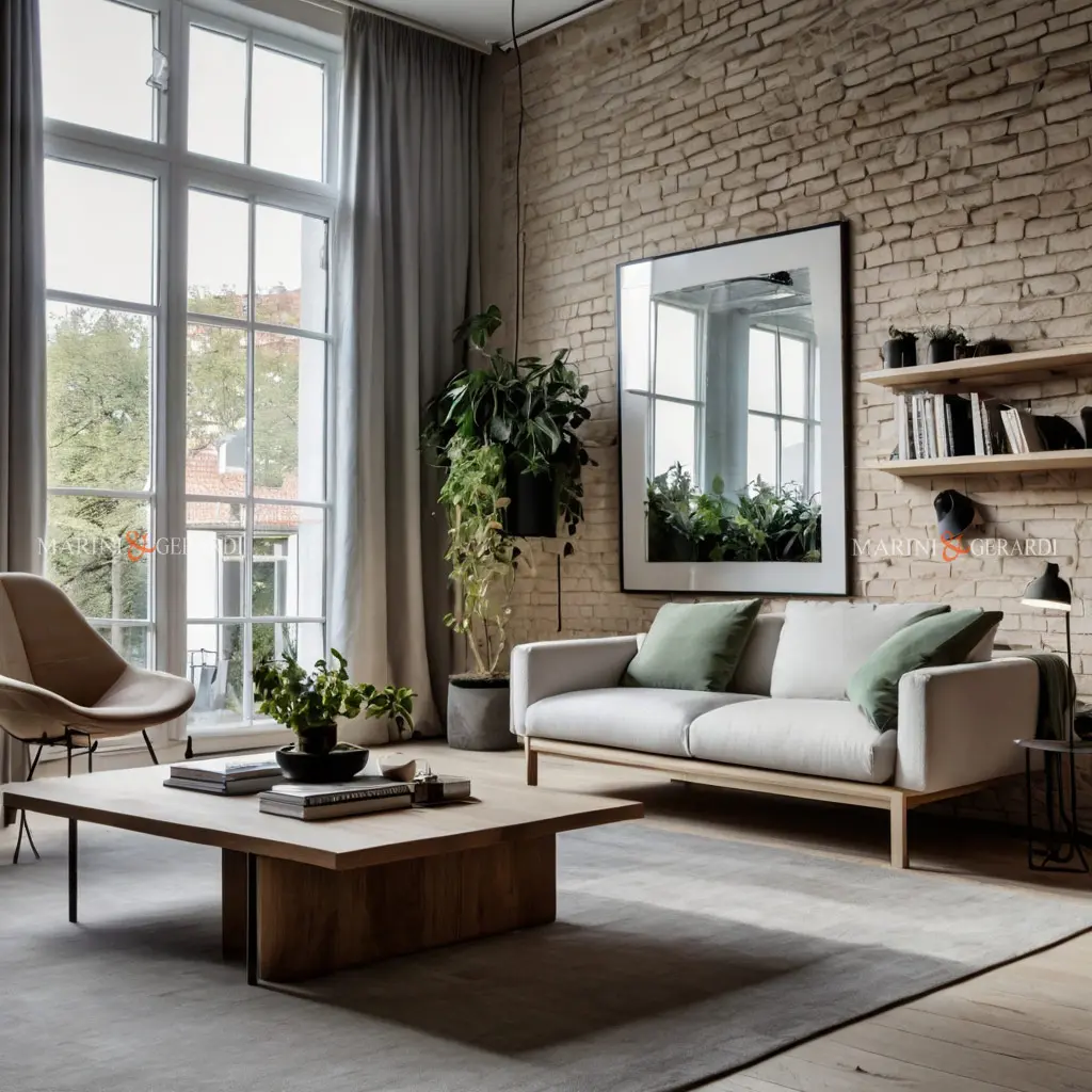 Stile nordico casa living room muro in mattoni