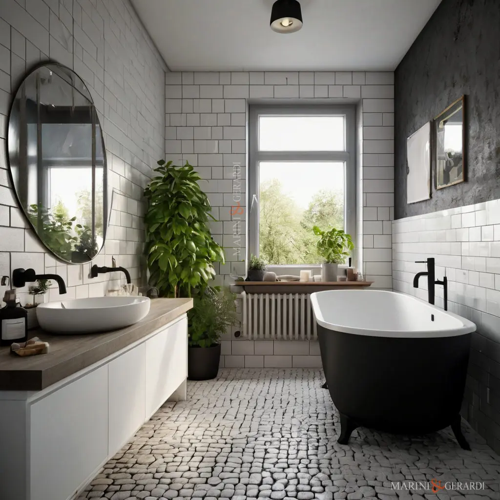Stile nordico bagno piastrelle biancge vasca rubinetti neri