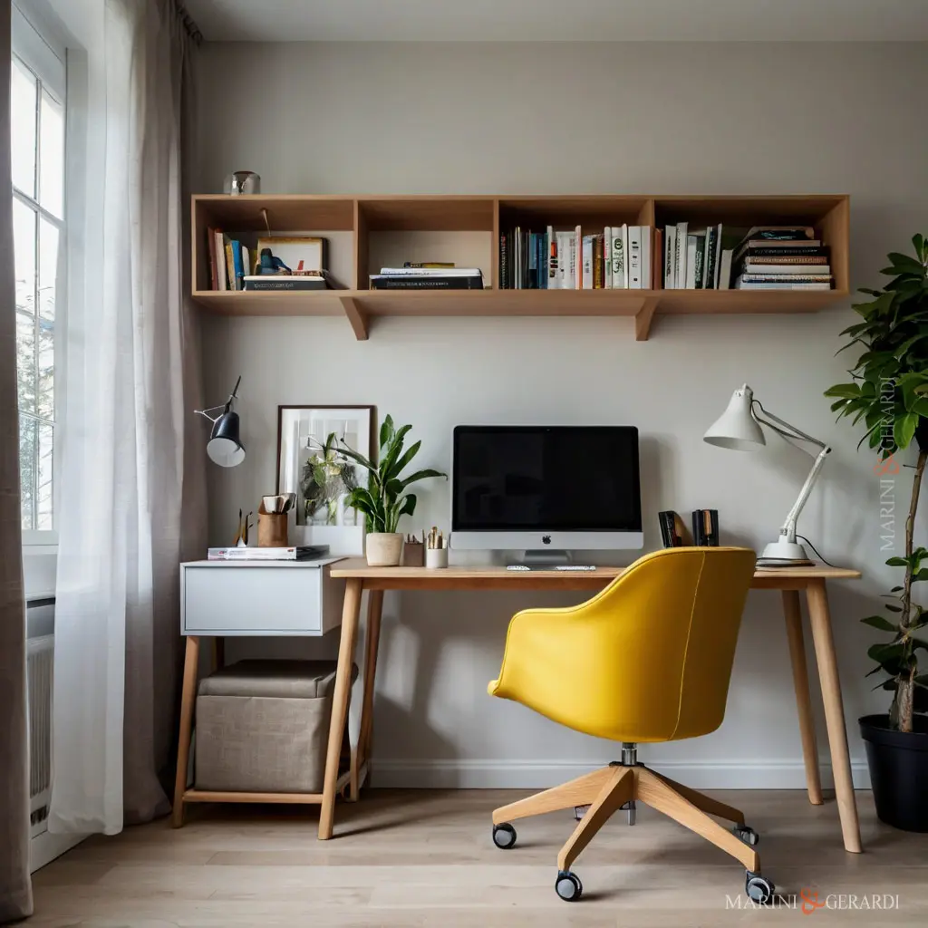Stile nordico casa studio scrivania legno sedia gialla scaffali.