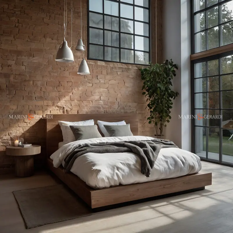 Camera da letto testata in legno lenzuola in lino