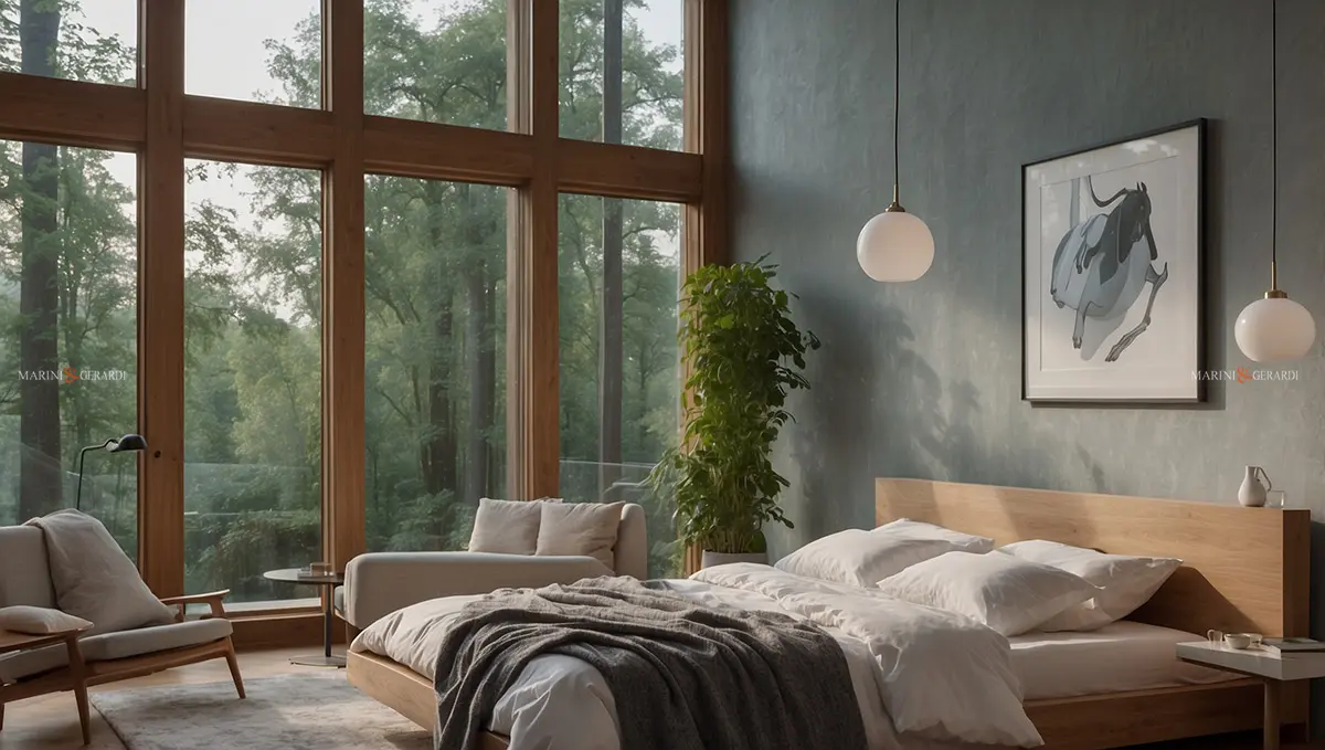 Camera da letto vetrate idee design lenzuola in lino