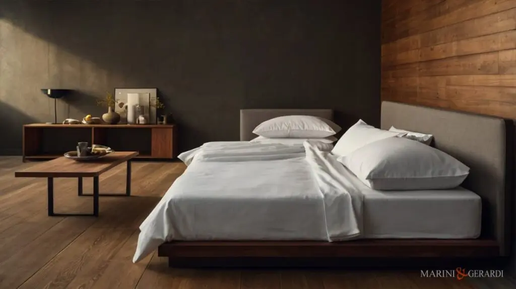 Letti in legno moderni con spalla in lino grigio