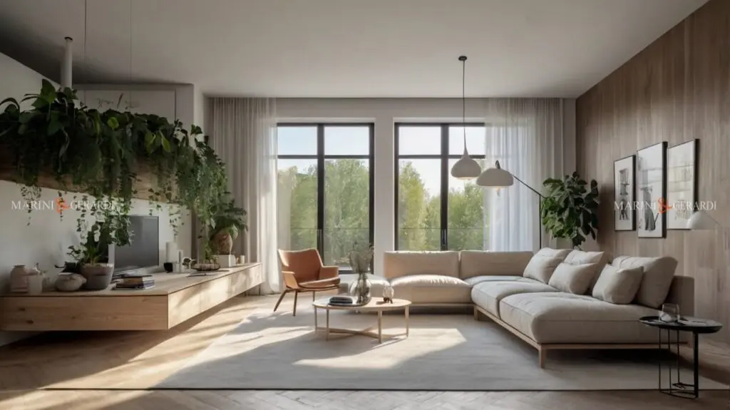 Stile nordico arredo pavimento in legno muri bianchi piante verdi