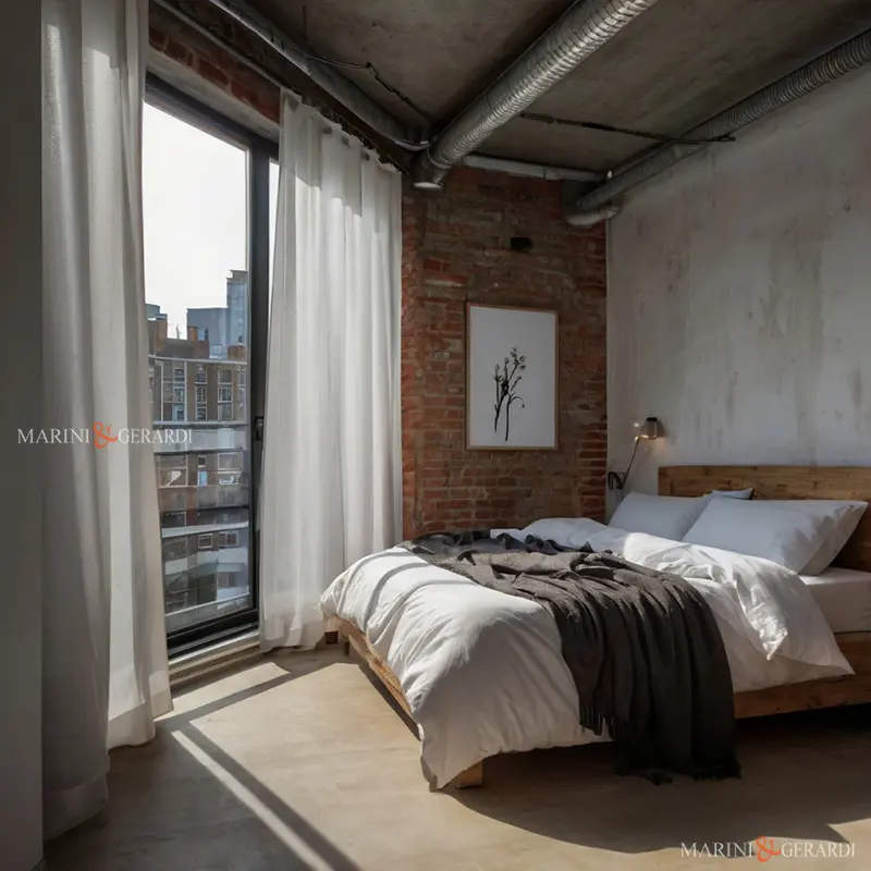Tende in lino per arredare un loft stanza da letto