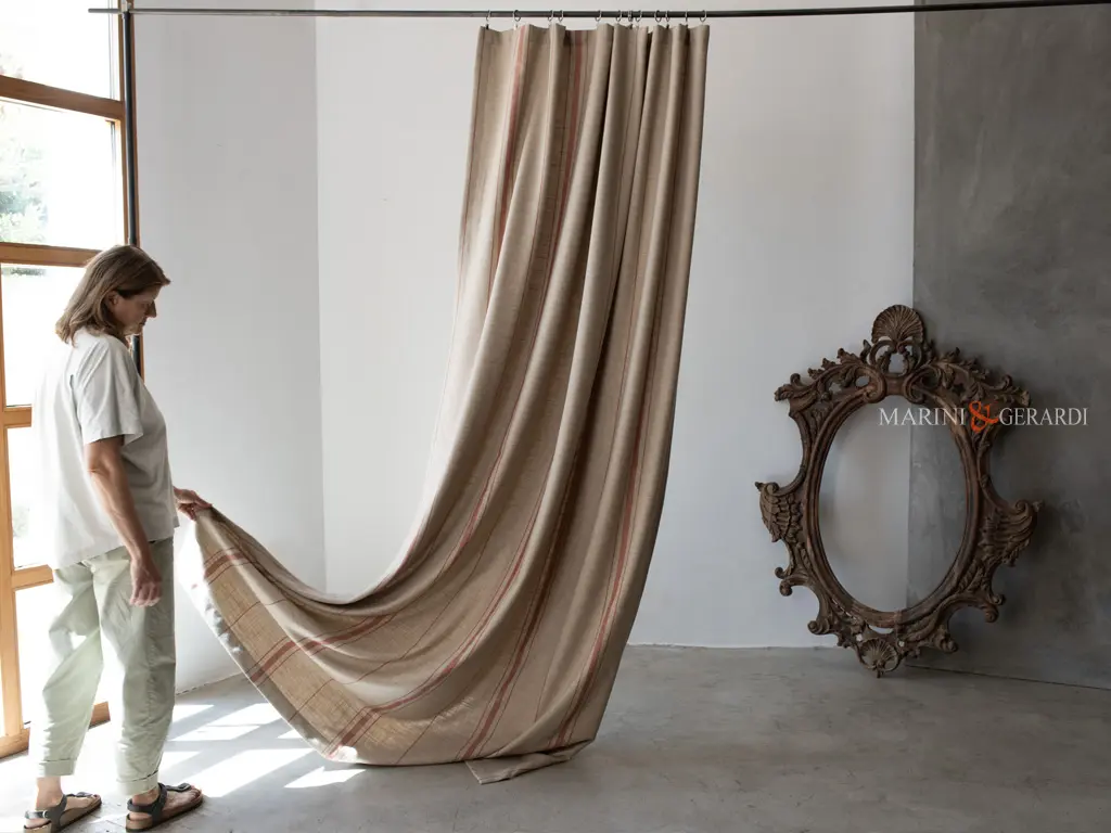 Tessuto lino per tende shabby righe mattone soledad - Stoffa Tende a Metraggio