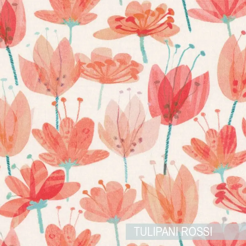 Tessuto a metro pertende floreali tulipani in rosso