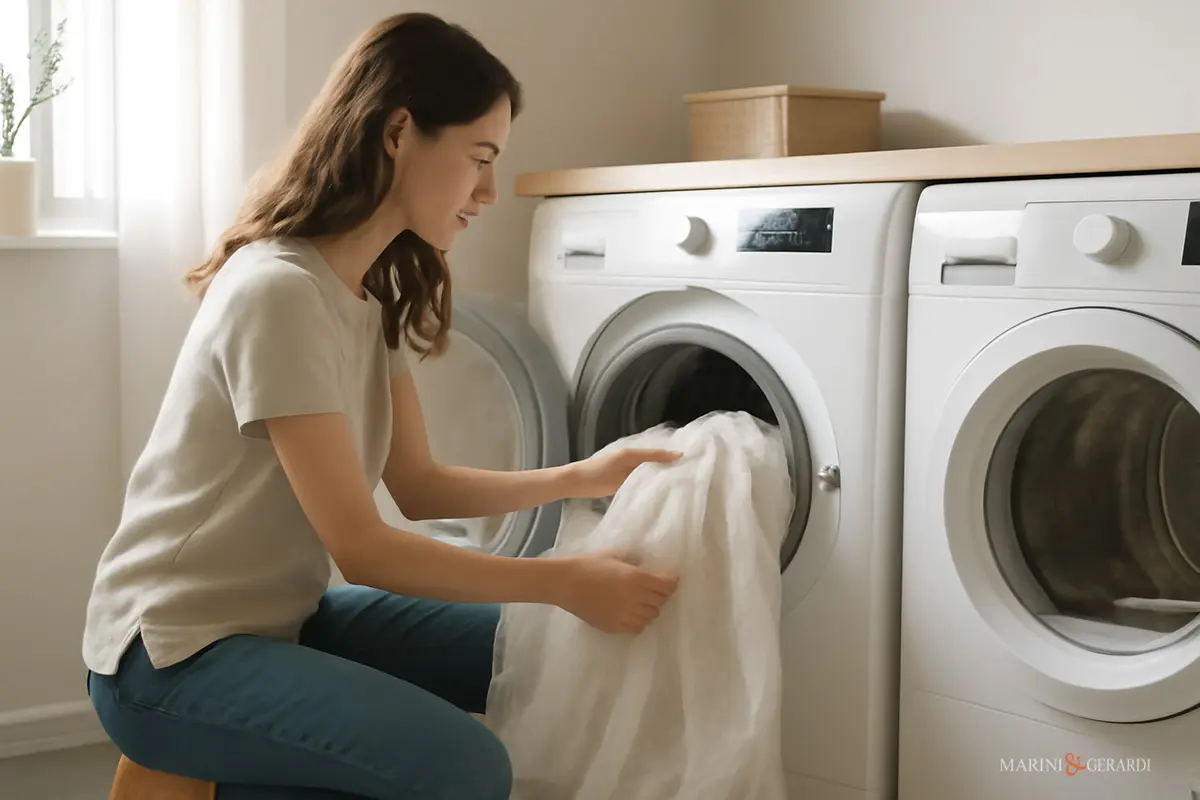 Ragazza che inserisce delle tende in lino in lavatrice