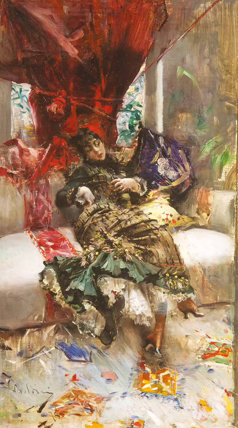 Giovanni Boldini l'attesa la mondana 1878 circa olio su tela 71 x 34.5 cm