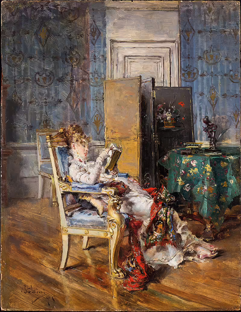 Giovanni Boldini signora che legge 1875 olio su tavola 30 x 22 cm