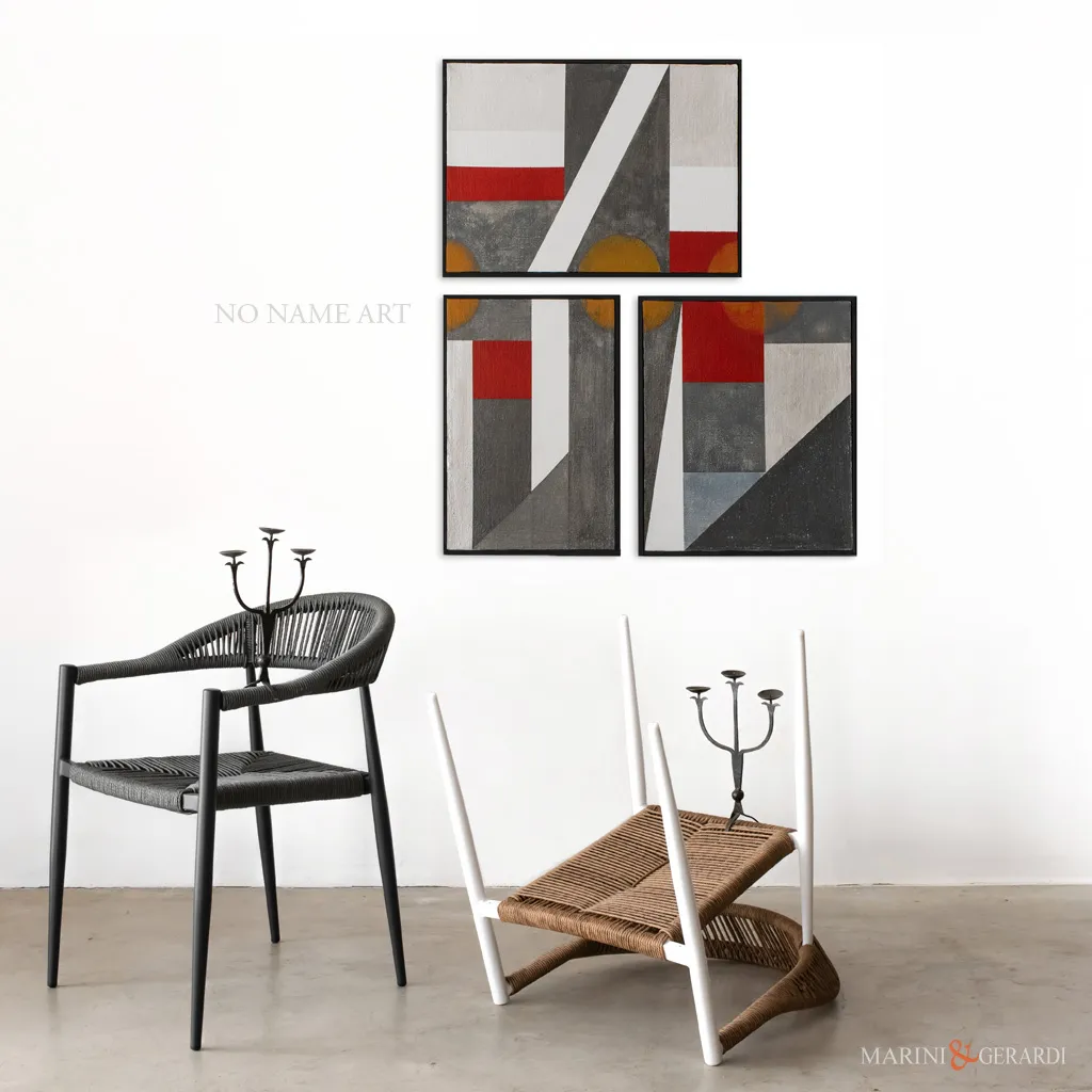 Geometrico g24 trittico quadri moderni da arredo con 2 sedie candelabri