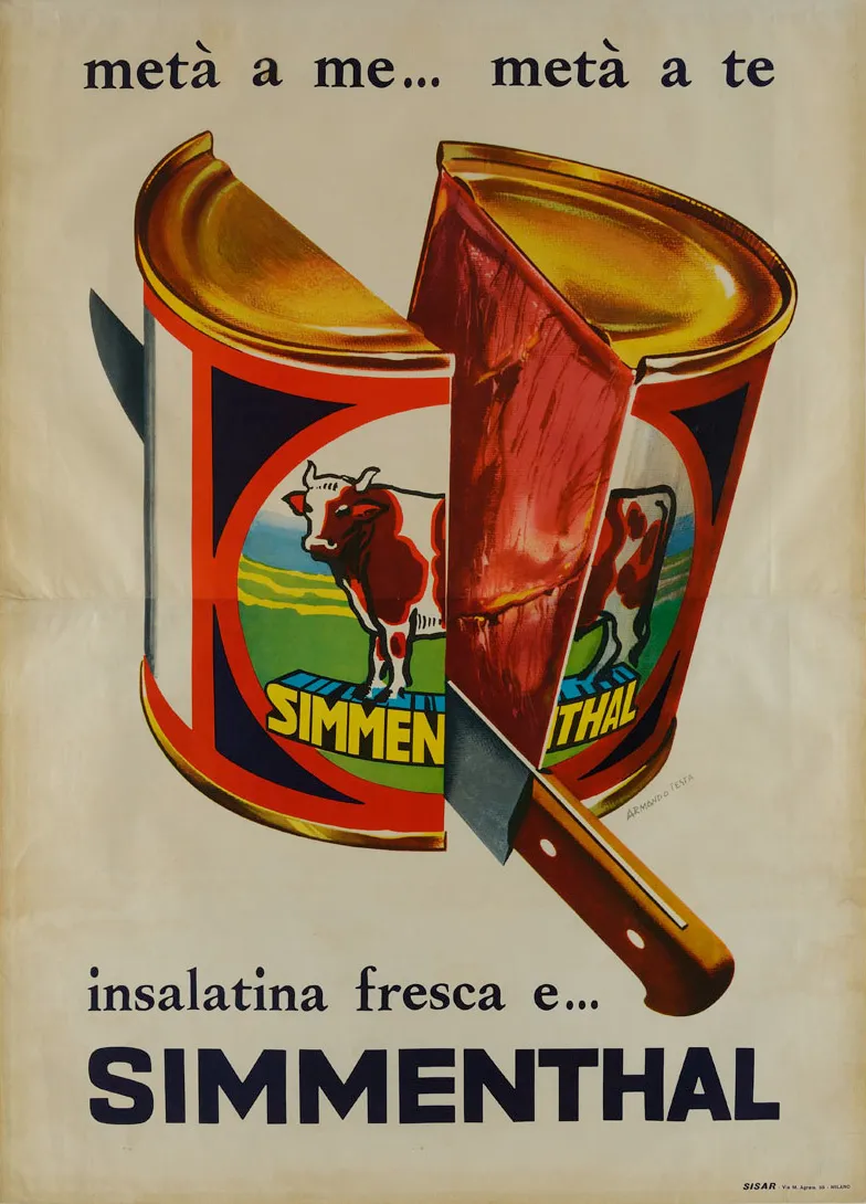 Insalatina fresca simmenthal coltello che taglia una lattina di carne armando testa 1953