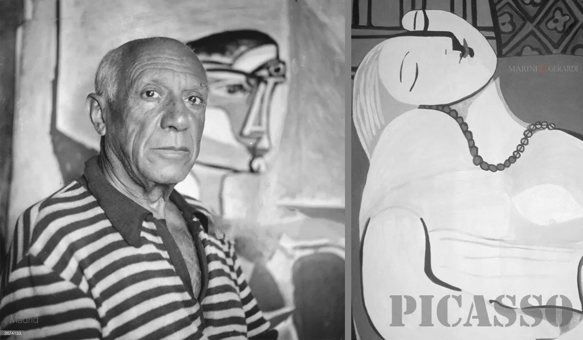 Pablo picasso con magletta marinaio nello studio